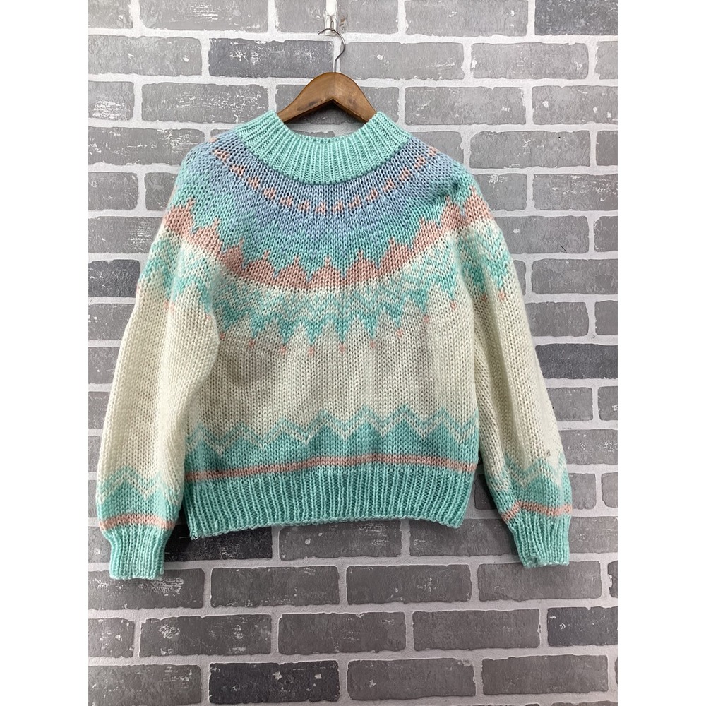IVY Hand Knit Pastel Fair Isle Sweater Mock Neck Pink Mint Blue Cream Vintage